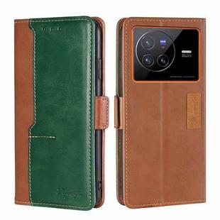 For vivo X80 Contrast Color Side Buckle Leather Phone Case(Light Brown + Green)
