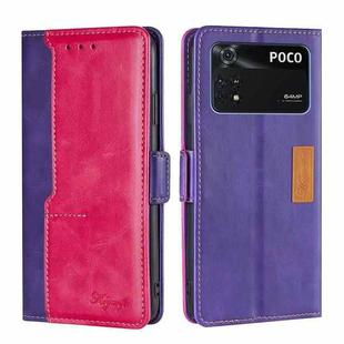 For Xiaomi Poco M4 Pro Contrast Color Side Buckle Leather Phone Case(Purple + Rose Red)