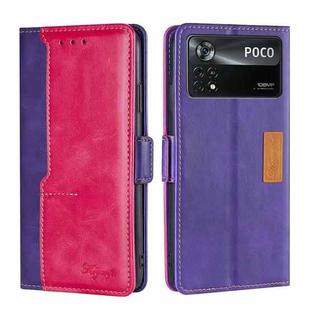 For Xiaomi Poco X4 Pro 5G Contrast Color Side Buckle Leather Phone Case(Purple + Rose Red)