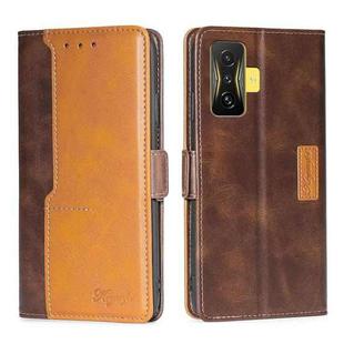 For Xiaomi Redmi K50 Gaming/Poco F4 GT Contrast Color Side Buckle Leather Phone Case(Dark Brown + Gold)