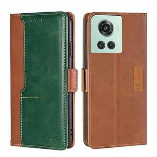 For OnePlus Ace/10R Contrast Color Side Buckle Leather Phone Case(Light Brown + Green)