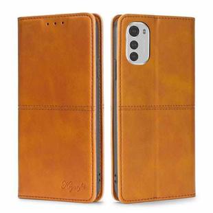 For Motorola Moto E32 4G Cow Texture Magnetic Horizontal Flip Leather Phone Case(Light Brown)