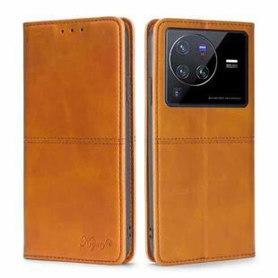 For vivo X80 Pro Cow Texture Magnetic Horizontal Flip Leather Phone Case(Light Brown)