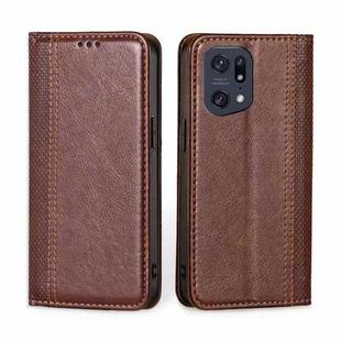 For OPPO Find X5 Pro Grid Texture Magnetic Flip Leather Phone Case(Brown)