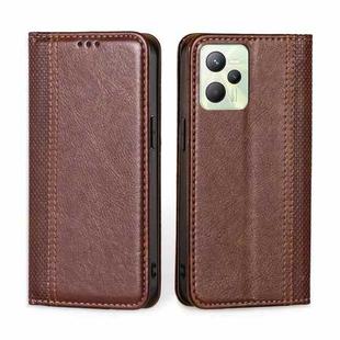 For OPPO Realme C35 Grid Texture Magnetic Flip Leather Phone Case(Brown)