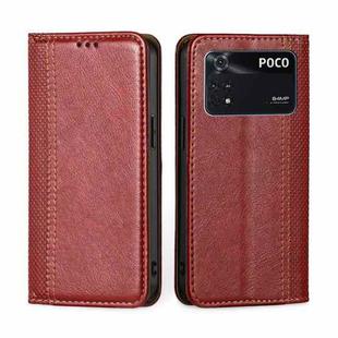 For Xiaomi Poco M4 Pro Grid Texture Magnetic Flip Leather Phone Case(Red)