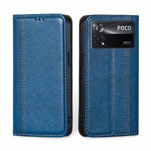 For Xiaomi Poco X4 Pro 5G Grid Texture Magnetic Flip Leather Phone Case(Blue)