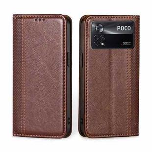 For Xiaomi Poco X4 Pro 5G Grid Texture Magnetic Flip Leather Phone Case(Brown)