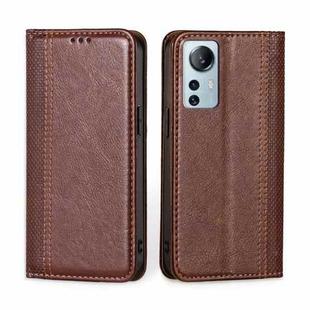 For Xiaomi 12 Lite Grid Texture Magnetic Flip Leather Phone Case(Brown)