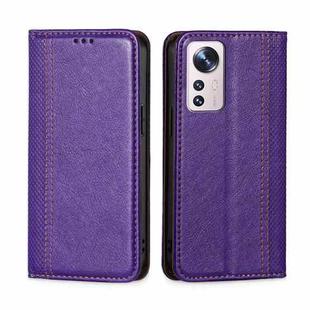 For Xiaomi 12 Pro Grid Texture Magnetic Flip Leather Phone Case(Purple)