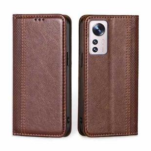 For Xiaomi 12 Pro Grid Texture Magnetic Flip Leather Phone Case(Brown)