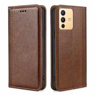 For vivo S12 / V23 5G Grid Texture Magnetic Flip Leather Phone Case(Brown)