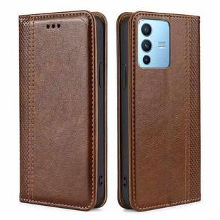 For vivo S12 Pro / V23 Pro Grid Texture Magnetic Flip Leather Phone Case(Brown)