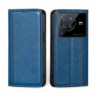 For vivo X80 Pro China Grid Texture Magnetic Flip Leather Phone Case(Blue)