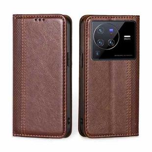 For vivo X80 Pro China Grid Texture Magnetic Flip Leather Phone Case(Brown)