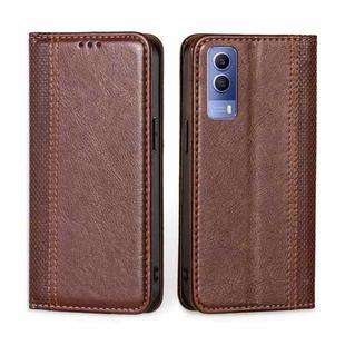 For vivo Y53s 5G / iQOO Z5x / T1x Grid Texture Magnetic Flip Leather Phone Case(Brown)