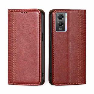 For vivo Y55s 5G Grid Texture Magnetic Flip Leather Phone Case(Red)