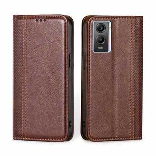 For vivo Y55s 5G Grid Texture Magnetic Flip Leather Phone Case(Brown)