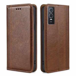 For vivo Y76s China / Y74s Grid Texture Magnetic Flip Leather Phone Case(Brown)