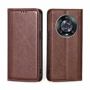 For Honor Magic4 Pro Grid Texture Magnetic Flip Leather Phone Case(Brown)