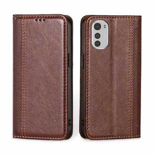 For Motorola Moto E32 4G Grid Texture Magnetic Flip Leather Phone Case(Brown)