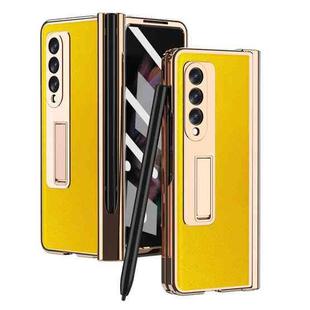 For Samsung Galaxy Z Fold3 Cross Texture Integrated Electroplating Hinge Flip Phone Case with Pen Slot(Gold)