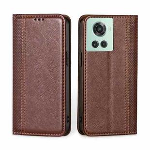 For OnePlus Ace / 10R Grid Texture Magnetic Flip Leather Phone Case(Brown)