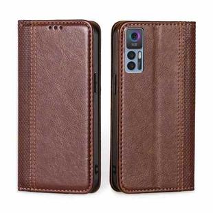 For TCL 30 5G / 30+ 5G Grid Texture Magnetic Flip Leather Phone Case(Brown)