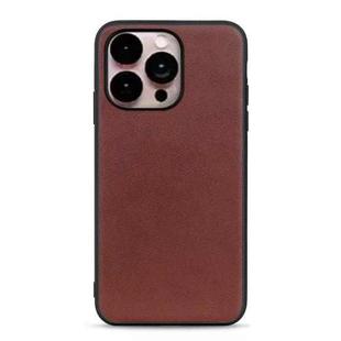 For iPhone 14 Pro Max Lambskin Texture Genuine Leather Phone Case (Brown)