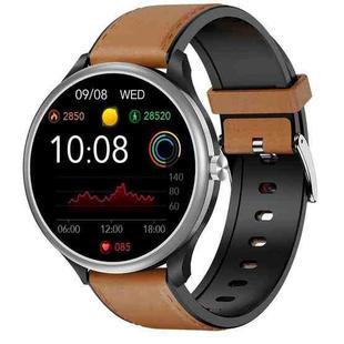 M3 1.28 inch TFT Color Screen Smart Watch, Support Bluetooth Calling/Body Temperature Monitoring, Style:Coffee Leather Strap(Silver)