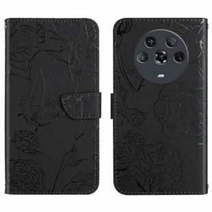 For Honor Magic4 Skin Feel Butterfly Peony Embossed Leather Phone Case(Black)