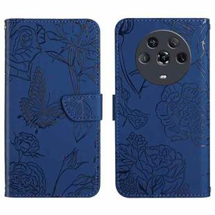 For Honor Magic4 Skin Feel Butterfly Peony Embossed Leather Phone Case(Blue)