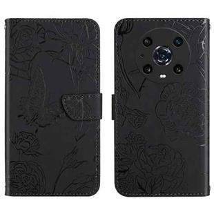 For Honor Magic4 Pro Skin Feel Butterfly Peony Embossed Leather Phone Case(Black)