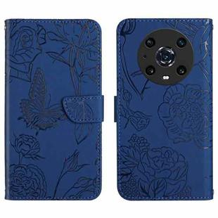 For Honor Magic4 Pro Skin Feel Butterfly Peony Embossed Leather Phone Case(Blue)