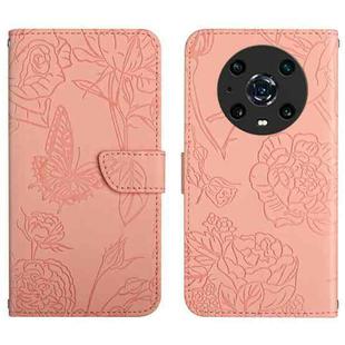For Honor Magic4 Pro Skin Feel Butterfly Peony Embossed Leather Phone Case(Pink)