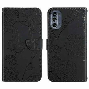 For Motorola Moto G62 5G Skin Feel Butterfly Peony Embossed Leather Phone Case(Black)