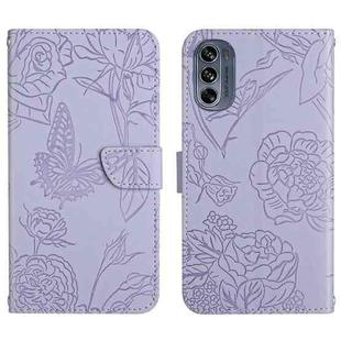 For Motorola Moto G62 5G Skin Feel Butterfly Peony Embossed Leather Phone Case(Purple)