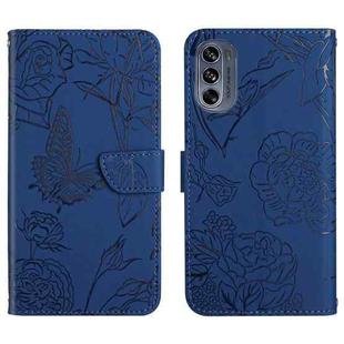 For Motorola Moto G62 5G Skin Feel Butterfly Peony Embossed Leather Phone Case(Blue)