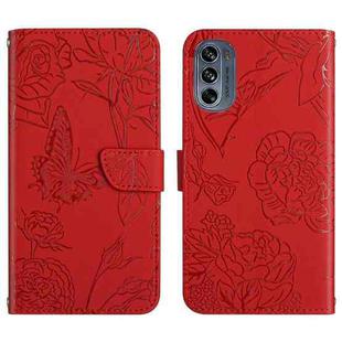 For Motorola Moto G62 5G Skin Feel Butterfly Peony Embossed Leather Phone Case(Red)