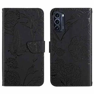 For Motorola Moto G52J 5G Skin Feel Butterfly Peony Embossed Leather Phone Case(Black)