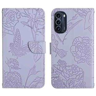 For Motorola Moto G52J 5G Skin Feel Butterfly Peony Embossed Leather Phone Case(Purple)