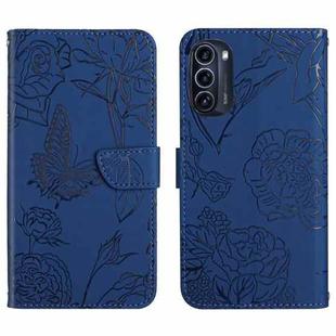 For Motorola Moto G52J 5G Skin Feel Butterfly Peony Embossed Leather Phone Case(Blue)