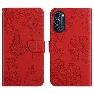 For Motorola Moto G52J 5G Skin Feel Butterfly Peony Embossed Leather Phone Case(Red)