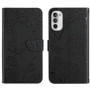 For Motorola Moto G71S Skin Feel Butterfly Peony Embossed Leather Phone Case(Black)