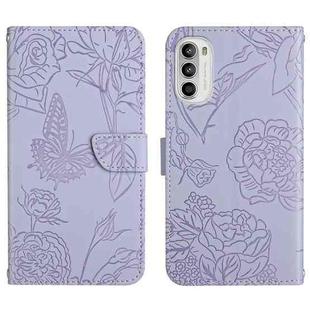 For Motorola Moto G71S Skin Feel Butterfly Peony Embossed Leather Phone Case(Purple)