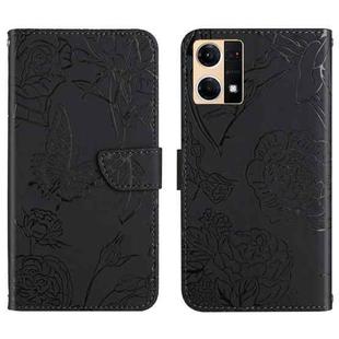 For OPPO Reno7 4G Skin Feel Butterfly Peony Embossed Leather Phone Case(Black)