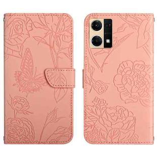 For OPPO Reno7 4G Skin Feel Butterfly Peony Embossed Leather Phone Case(Pink)