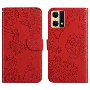 For OPPO Reno7 4G Skin Feel Butterfly Peony Embossed Leather Phone Case(Red)