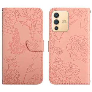 For vivo V23 5G Skin Feel Butterfly Peony Embossed Leather Phone Case(Pink)