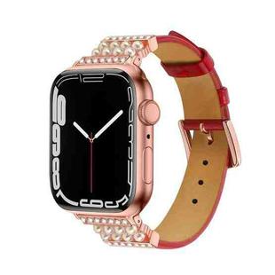 Pearl Diamond Leather Watch Band For Apple Watch Ultra 49mm / Series 8&7 45mm / SE 2&6&SE&5&4 44mm / 3&2&1 42mm(Red)